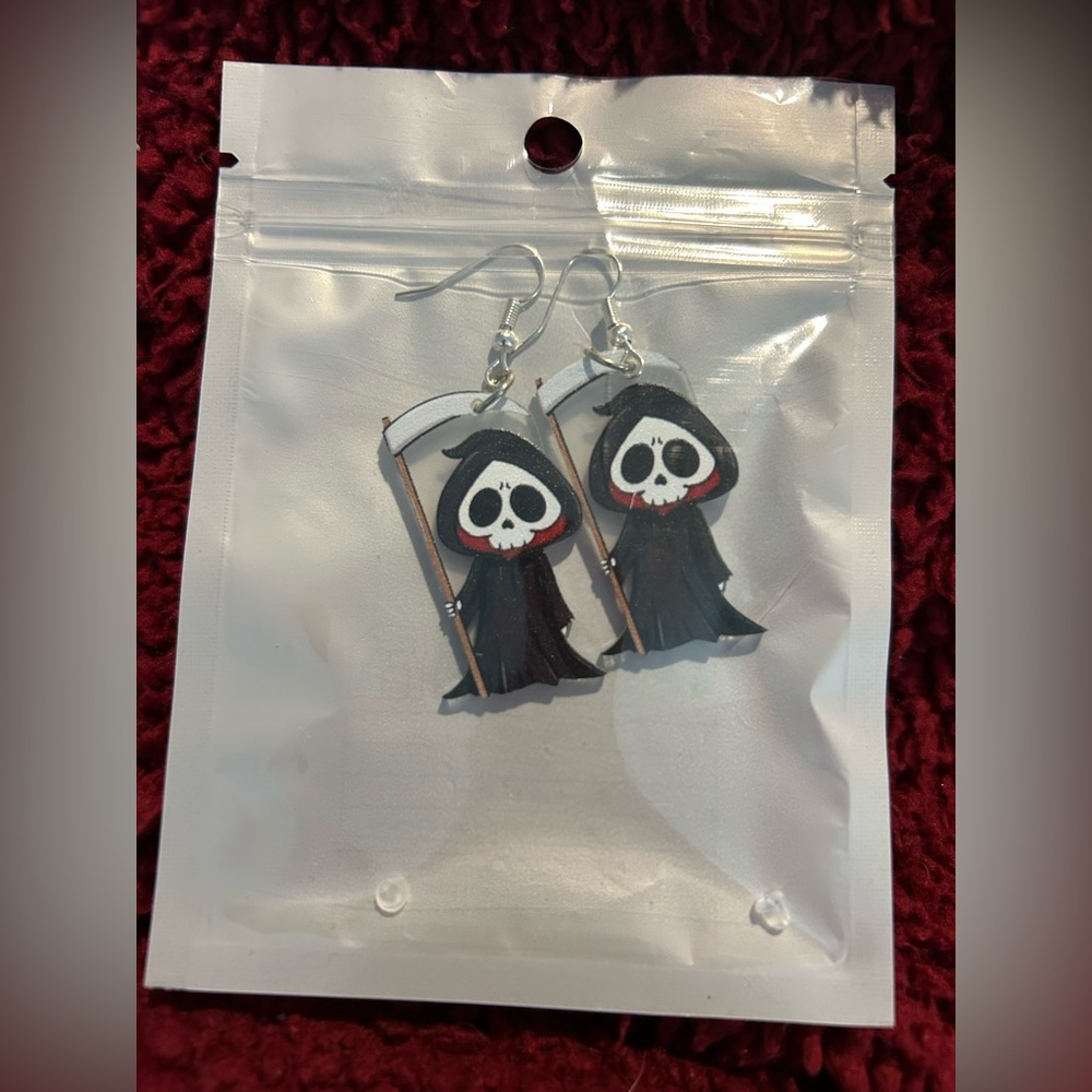 Grim Reaper Cartoon Kids Earrings - Black & White